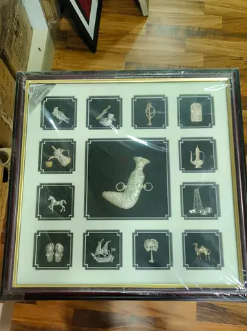 Framed Silver-tone Middle Eastern Miniature Artifacts Display 45cm height
