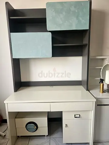 White Study Desk with Overhead Shelves and Storage Cabinet -350AED