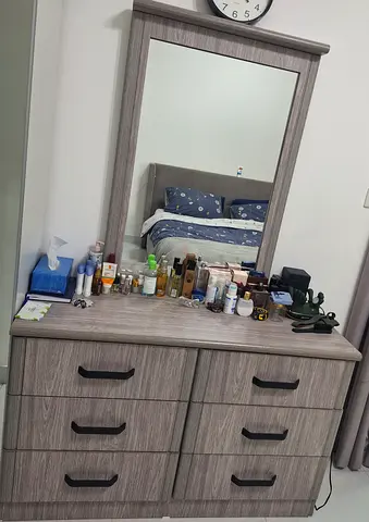 Six-Drawer Wooden Dresser with Attached Mirror - Grey Oak Finish