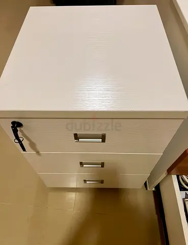 White 3-Drawer Lockable Bedside Cabinet / Nightstand, 4 pieces