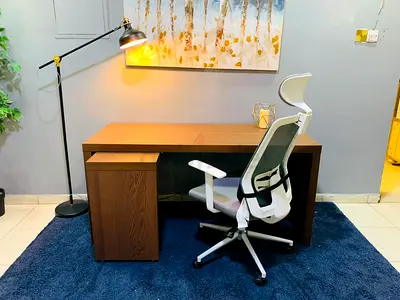Wooden Office Desk with Mobile Pedestal and Ergonomic Chair - Dark Oak