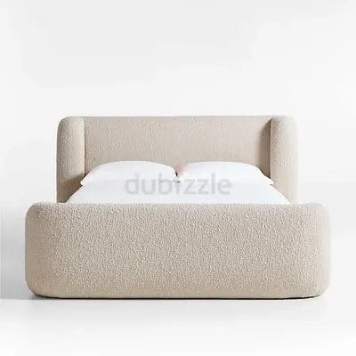 Cream Bouclé Upholstered Double Bed with Padded Headboard