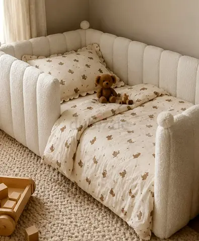New Toddler Bed / Daybed in Cream Bouclé Fabric with Teddy Bedding