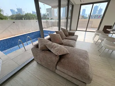Modern modular chaise lounge sofa - neutral fabric, very good condition, 2.8 m long, never used