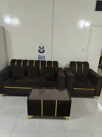 Brown velvet 3-seater sofa + armchair and matching coffee table set