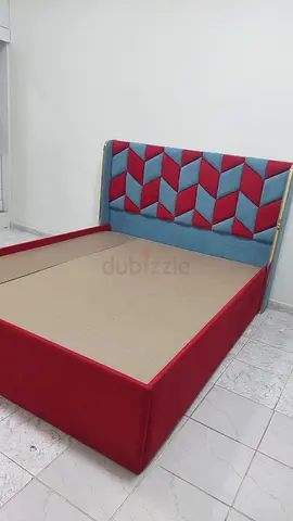 URGENT SALE Queen Bed Frame with Padded Geometric Headboard - Red & Teal