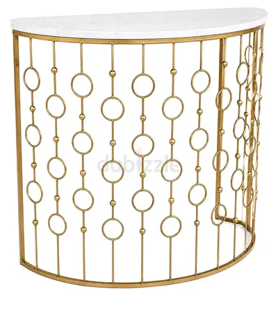 Semi-circular Gold Metal Console Table with White Marble Top