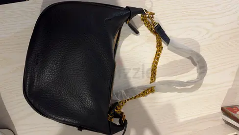 Black Pebble Leather Shoulder Bag with Gold Chain Strap