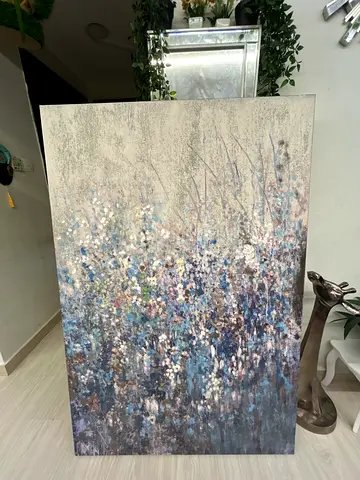 Large Abstract Floral Canvas Painting - Blue & Neutral Tones (150 x 100 cm)