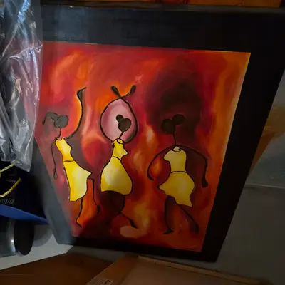 Original Acrylic Painting of Three Figures in Yellow Dresses