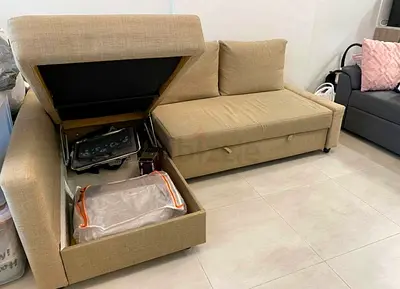 Beige L-Shape Sofa Bed with Built-in Storage