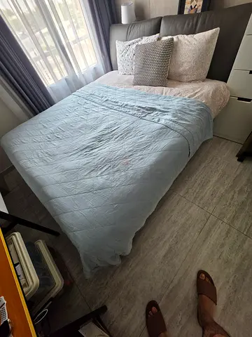 Queen bed with mattress and bedding set - good condition