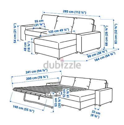3-seat sofa-bed with chaise longue, with wide armrests