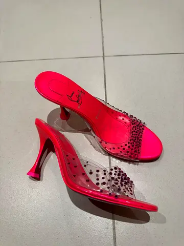 Pink PVC mule heels with crystal studs, size 37 UK 4 brand new