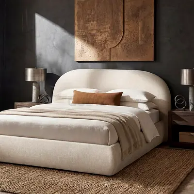 Beige Upholstered Double Bed with Rounded Headboard