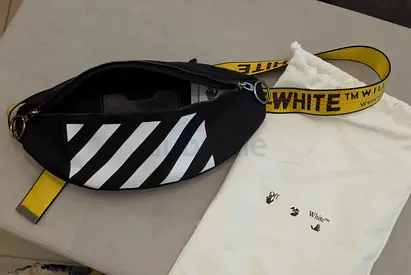 Off-White Black Diagonal Stripe Belt Bag with Yellow Logo Strap