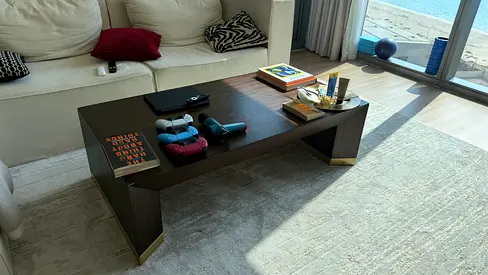 Dark Wood Rectangular Coffee Table with Brass Accents