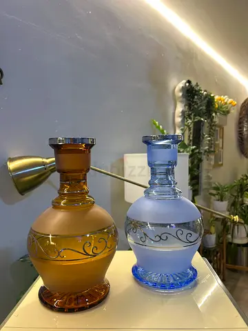 Set of 2 vintage Romanian Glass Vases/Bottle Decanters - Blue & Amber