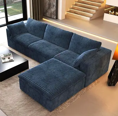 Modern Blue Corduroy L-shaped Sofa with Ottoman - Good Condition