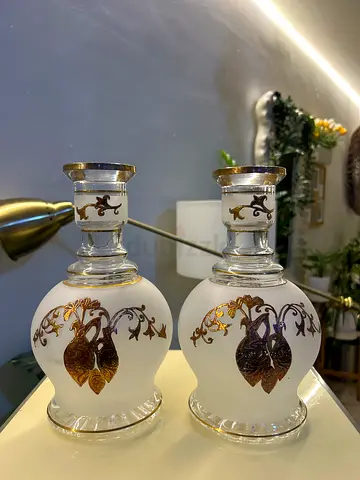 Pair of vintage romanian Decorative Glass vase with Gold Detailing