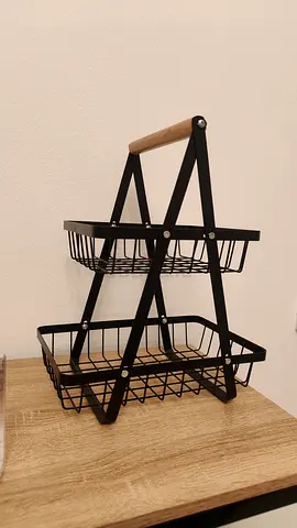 Two-tier Black Metal Kitchen Fruit & Storage Basket with Wooden Handle