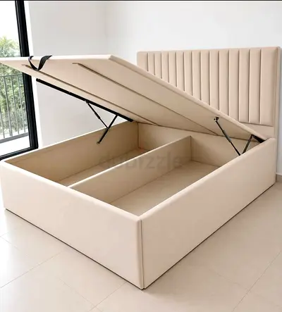 Beige Storage Bed with Padded Headboard - Queen/Double (Brand New) +971527474092