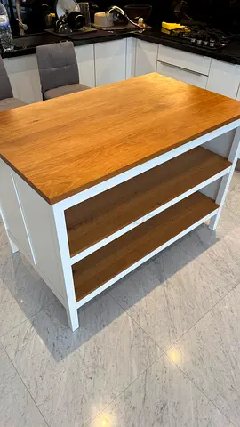 IKEA Solid Wood Top Kitchen Island / Breakfast Bar with Open Shelves.