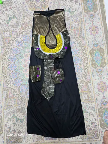 Black embellished evening dress with gold neckline — size approx M