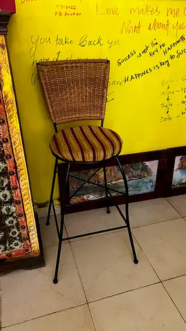 Wicker Back Bar Stool with Striped Fabric Seat — Good Condition