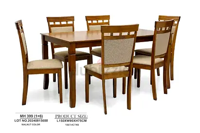 Solid Wood 6-Seater Dining Table Set with Upholstered Chairs - Walnut Finish
