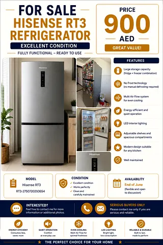 Hisense RT3 Refrigerator – Excellent Condition, 900 AED