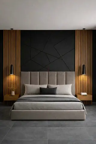 Modern upholstered king bed with padded headboard - neutral grey