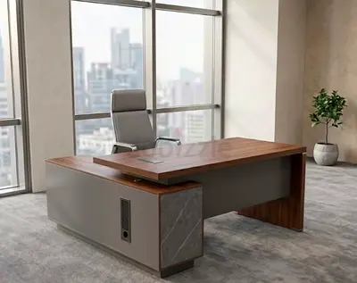 Modern Executive Office Desk with Side Credenza -brown