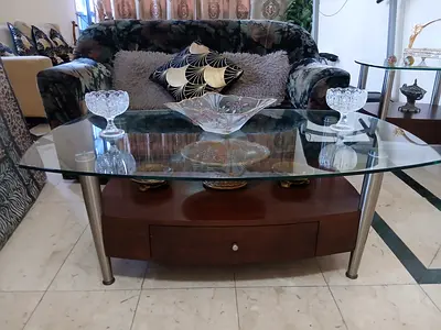 2 Glass Top Coffee Table with Wooden Shelf and Drawers
