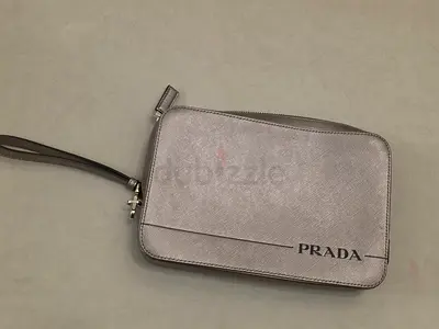 Authentic Prada Silver Saffiano Leather Clutch
