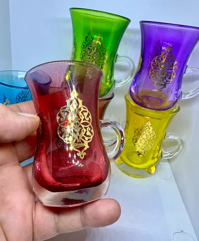 Set of 6 Colored Arabic Tea Glasses with Gold Pattern