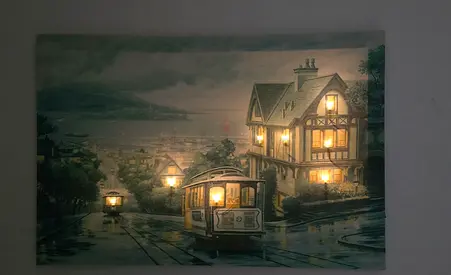 Framed Vintage-Style Seaside Tram Night Scene Painting