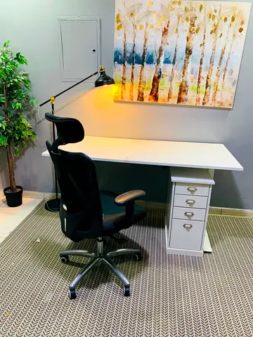 Minimal White Office Desk with Drawer Unit and Ergonomic Chair