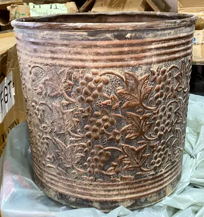 Large embossed metal decorative planter / indoor pot