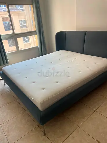 Modern upholstered double bed frame with mattress - good condition