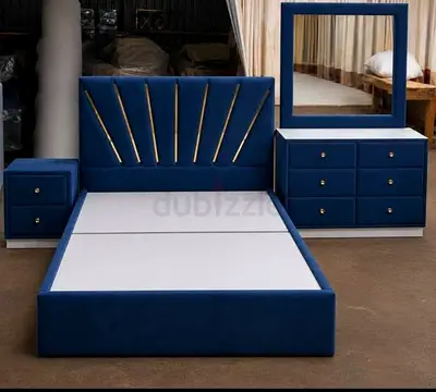 Modern Blue Velvet Bedroom Set with Sunburst Headboard