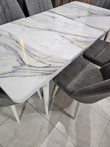 Marble-effect Dining Table with 6 Grey Upholstered Chairs - Good Condition