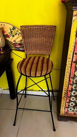 Wicker Back Bar Stool with Striped Fabric Seat — Good Condition