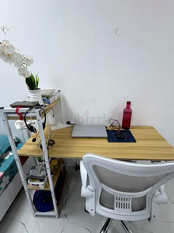 Compact wooden study desk with shelving and ergonomic chair - light oak finish