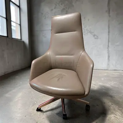 Beige Leather Swivel Office Chair with High Back