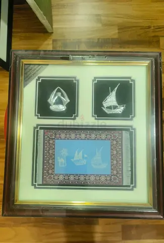 Framed Traditional Dhow Silver Plaques and Embossed Textile Artwork 30cm height