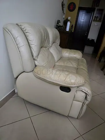 Beige full leather 2 seater reclining sofa — fair condition