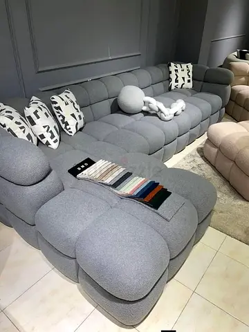 Modern Modular Grey Fabric Sofa - Large L-Shaped Set
