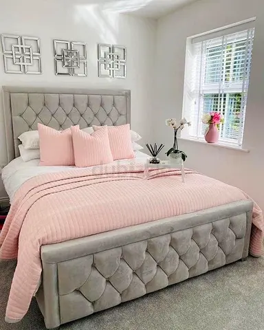 Grey Velvet Tufted Bed Frame with Headboard