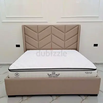 Beige Upholstered King Bed Frame with Headboard - Good Condition